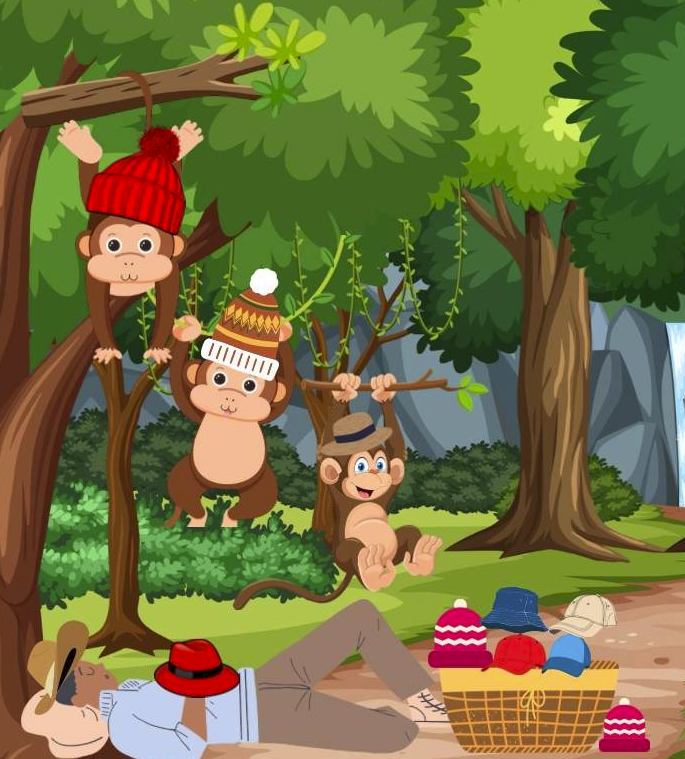 Hats seller and copycat monkey